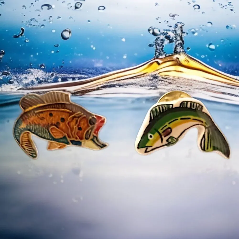 2 Vintage Fishing Hat Pins‎ Lapel Tie Tacks Large Mouth Bass Bassmaster Fishing.